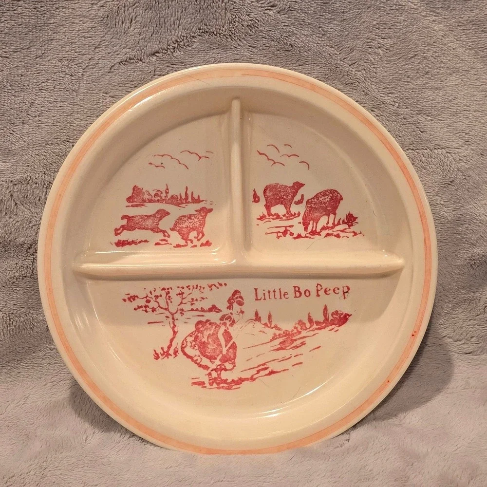 Vintage Vitrock‎ Uranium Glass Little Bo Peep Divided Child Plate Red Transfer